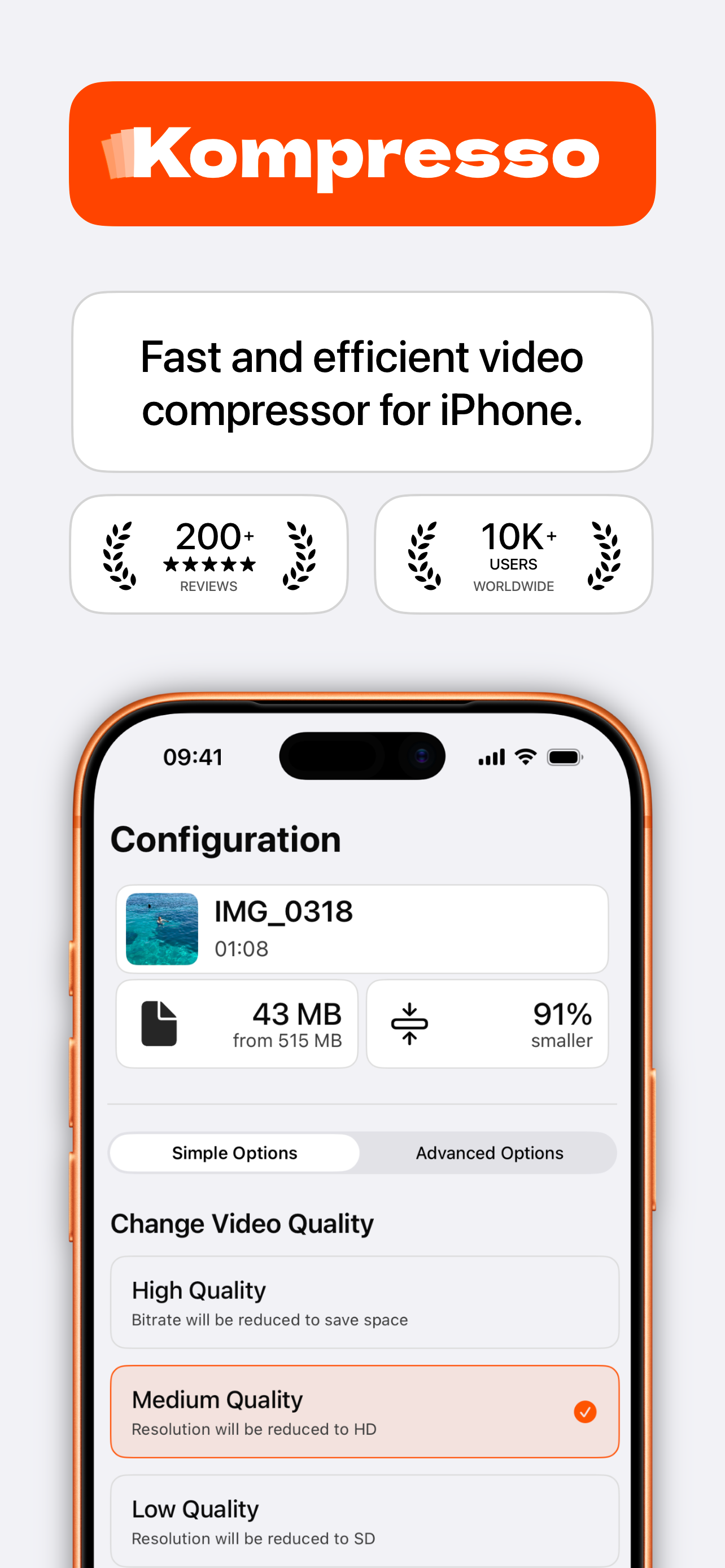 Kompresso video compressor for iPhone showing a 515 MB video compressed to 43 MB, 91% smaller