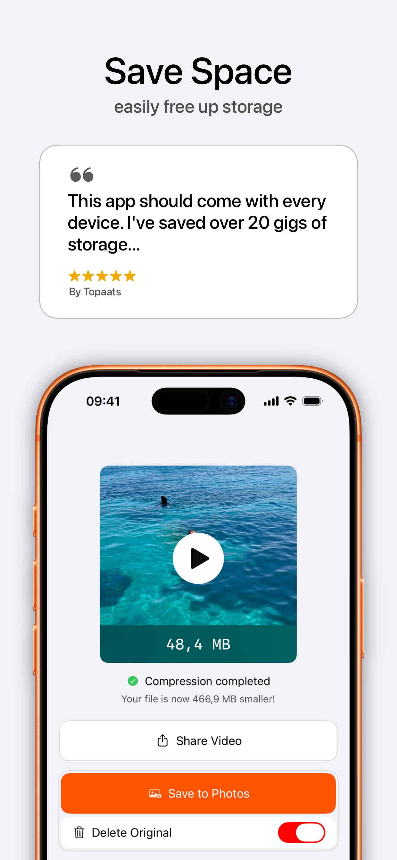 Video compression completed, file now 466.9 MB smaller, with Save to Photos and Share options