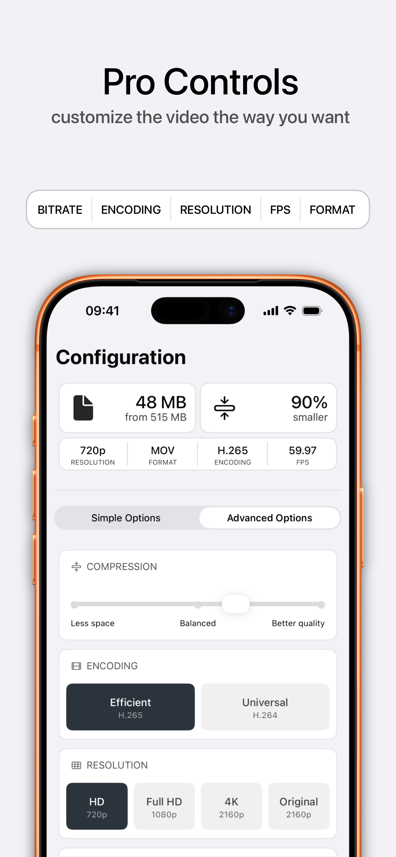 Pro controls: bitrate, H.265/H.264 encoding, resolution, FPS and MP4/MOV format on iPhone