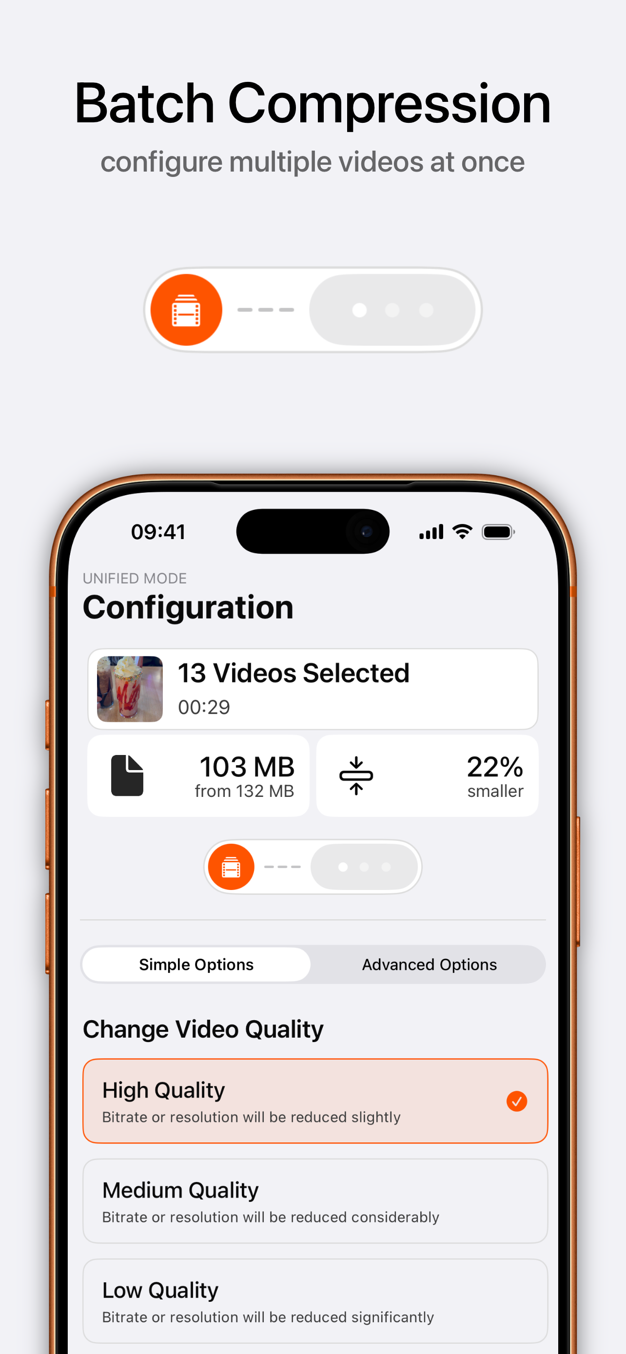 Batch mode configuring 13 videos at once for compression on iPhone